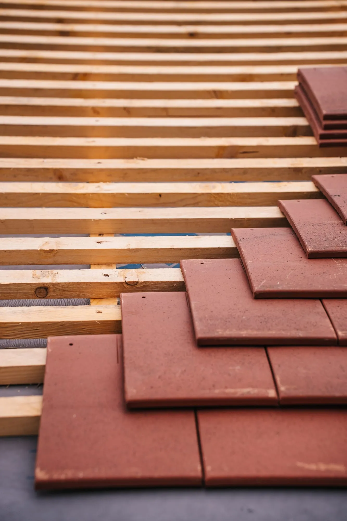 Rote Ziegel und helle Lattung auf einem Dach im Bau